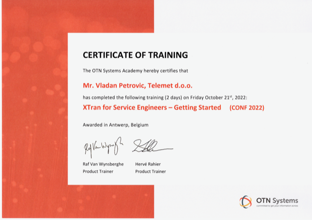 CERTIFICATE OTN SYSTEMS